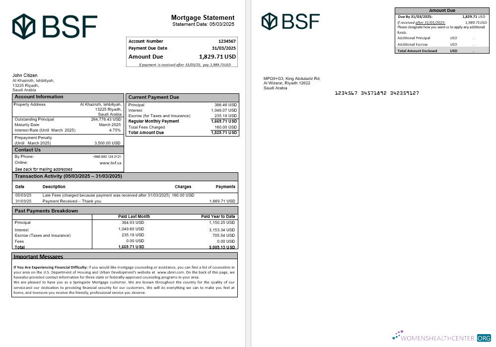 Download Saudi Arabia Banque Saudi Fransi mortgage statement in Word and PDF formats Photoshop template